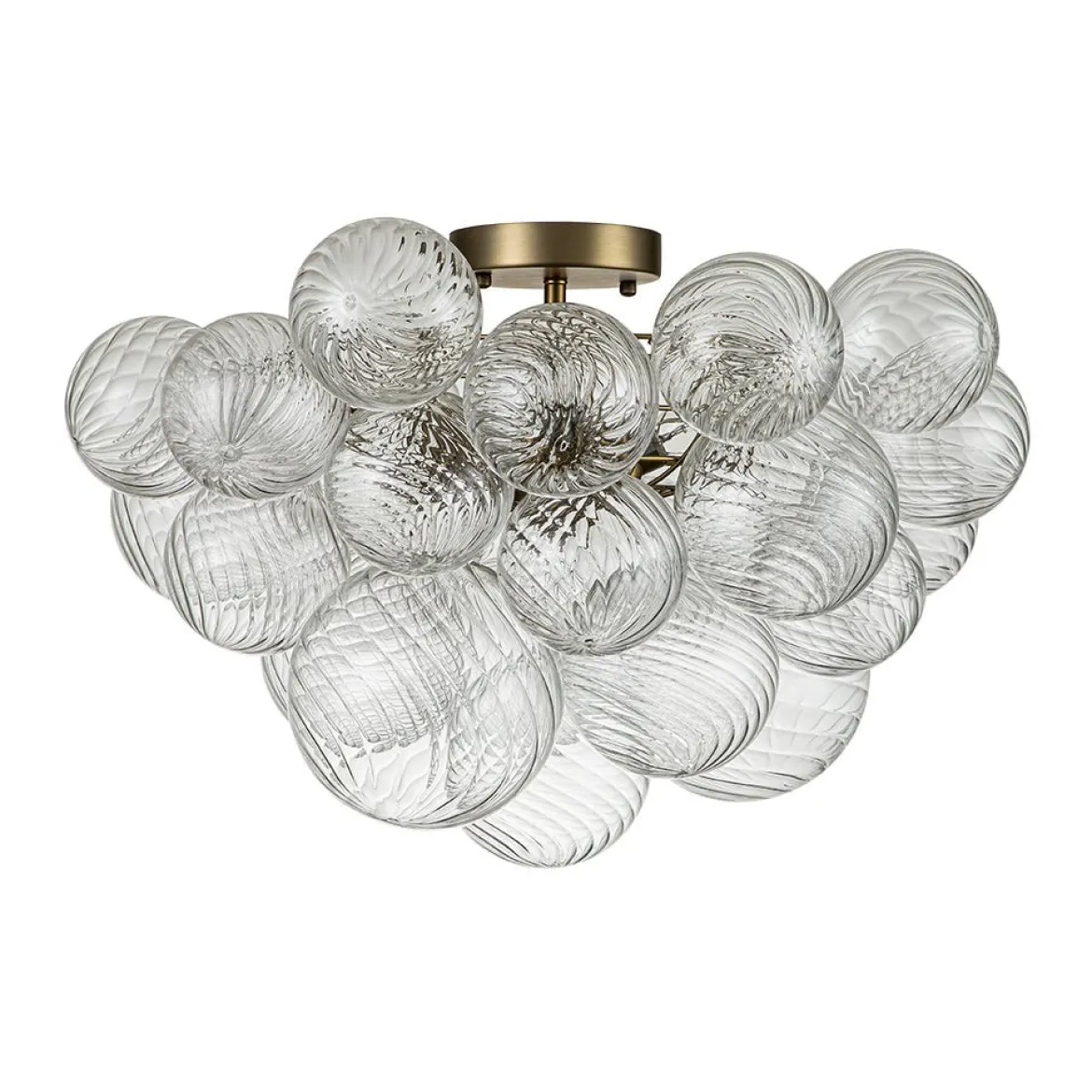 3-Light Brass Cluster Ribbed Glass Bubble Semi Flush Chandelier