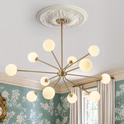12-Light Brass Firework Opal Glass Globe Sputnik Chandelier