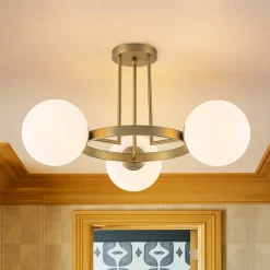 3-Light Brass Opal Glass Globe Round Ring Semi Flush Mount