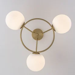 3-Light Brass Opal Glass Globe Round Ring Semi Flush Mount