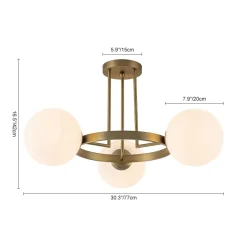 3-Light Brass Opal Glass Globe Round Ring Semi Flush Mount