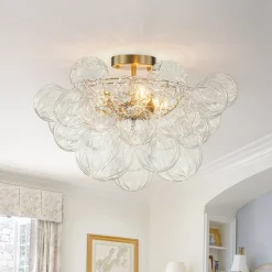 3-Light Brass Sculpture Glass Globe Bubble Semi Flush Chandelier