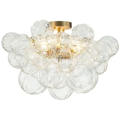 3-Light Brass Sculpture Glass Globe Bubble Semi Flush Chandelier
