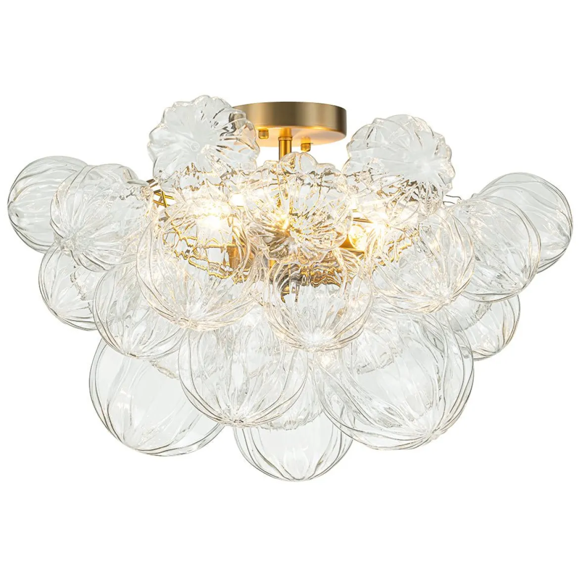 3-Light Brass Sculpture Glass Globe Bubble Semi Flush Chandelier