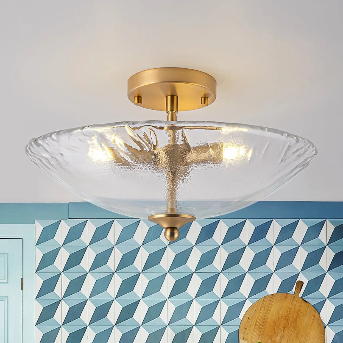 3-Light Brass Textured Glass Bowl Round Semi Flush Mount