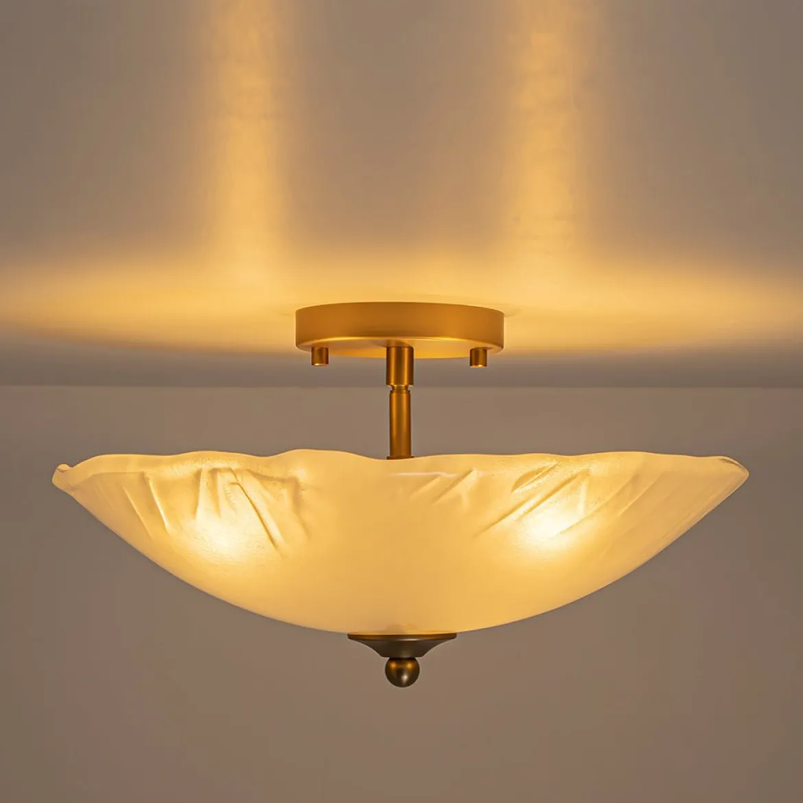 3-Light Brass Textured Glass Bowl Round Semi Flush Mount