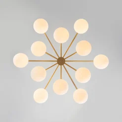 12-Light Brass Tiered Opal Glass Bubble Semi Flush Chandelier
