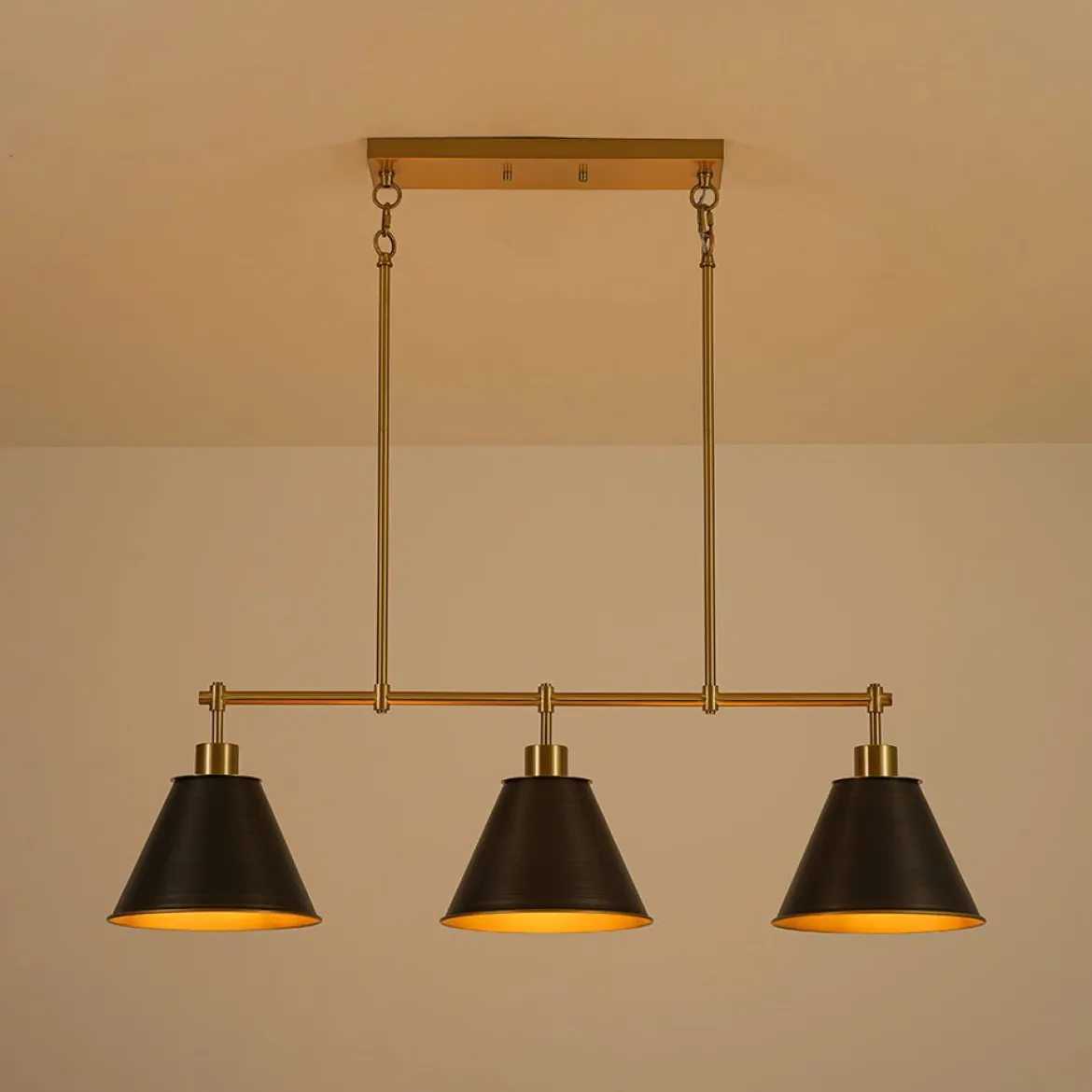 3-Light Brushed Gold Black Cone Island Chandelier