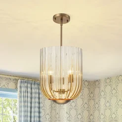 3-Light Candle Style Bell Ribbed Tinted Glass Ceiling Pendant