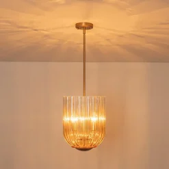 3-Light Candle Style Bell Ribbed Tinted Glass Ceiling Pendant