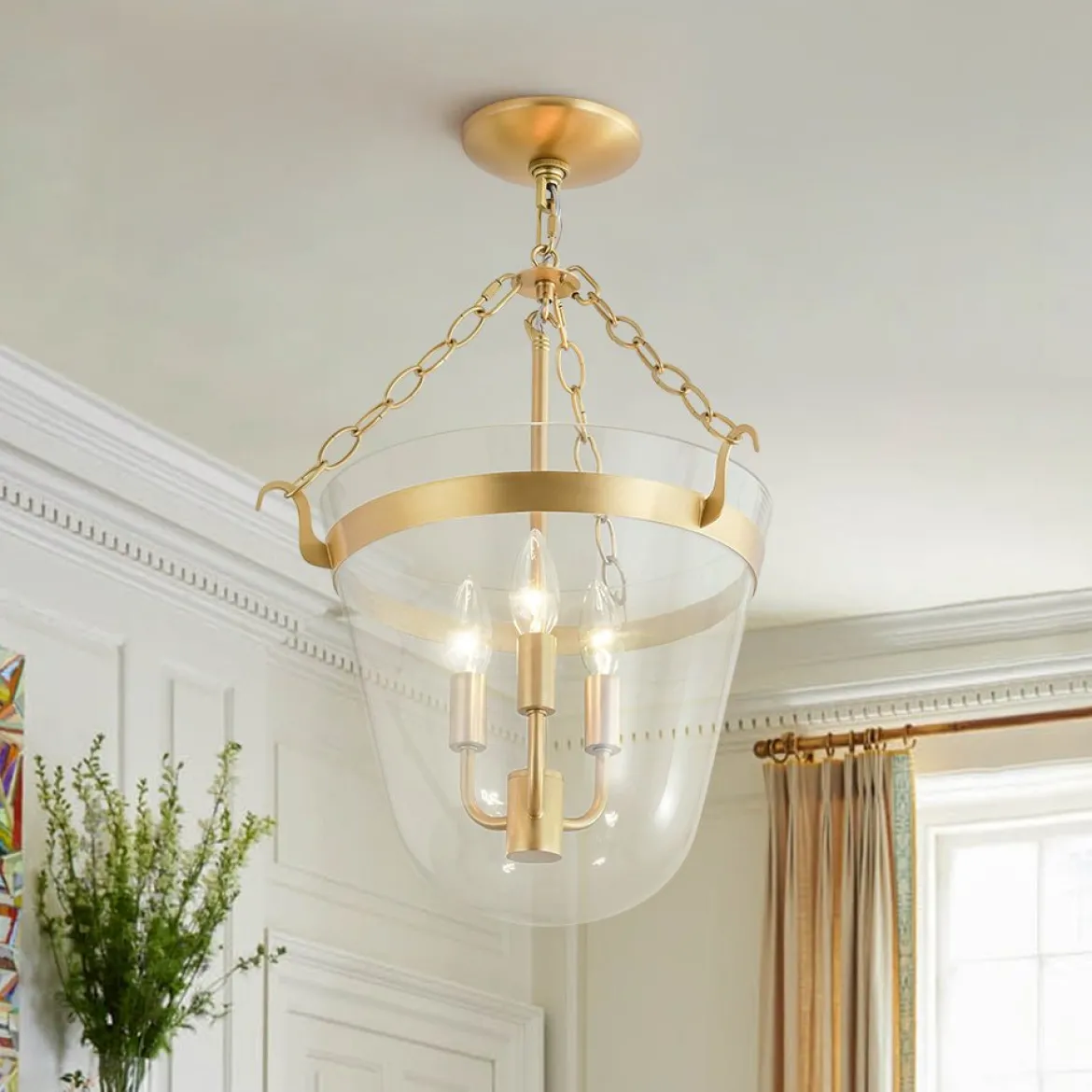 3-Light Clear Glass Bell Jar Lantern Pendant / Semi Flush