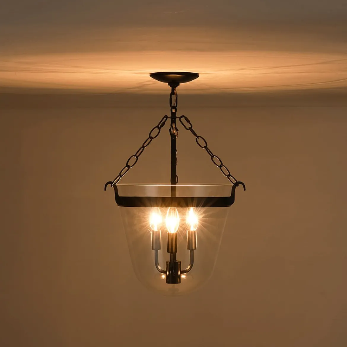 3-Light Clear Glass Bell Jar Lantern Pendant / Semi Flush