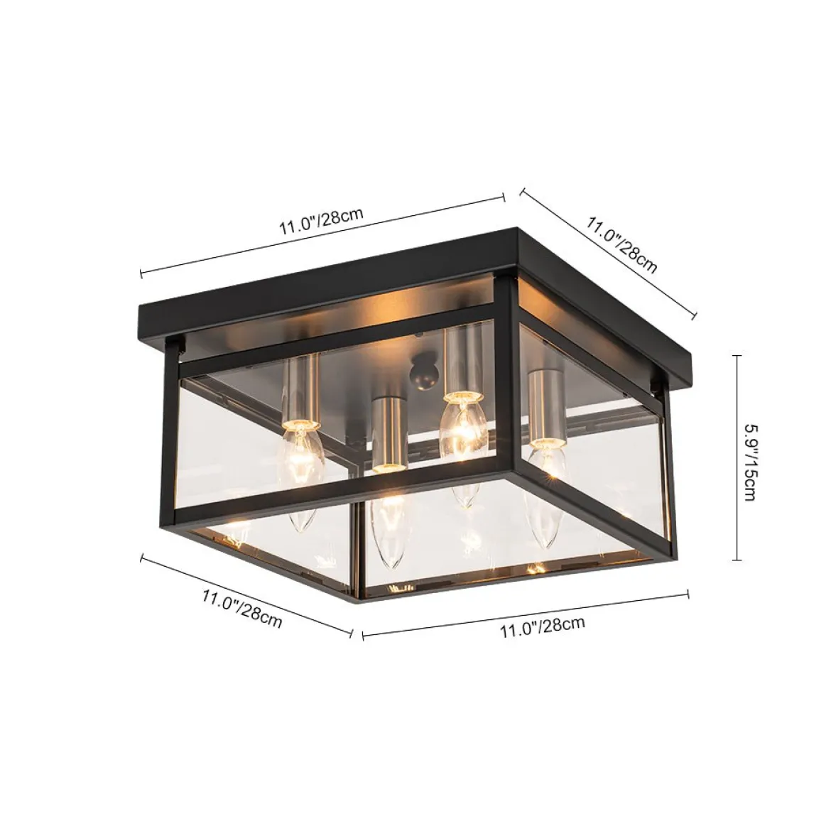 4-Light Clear Glass Black Square Cage Flush Mount Ceiling Light