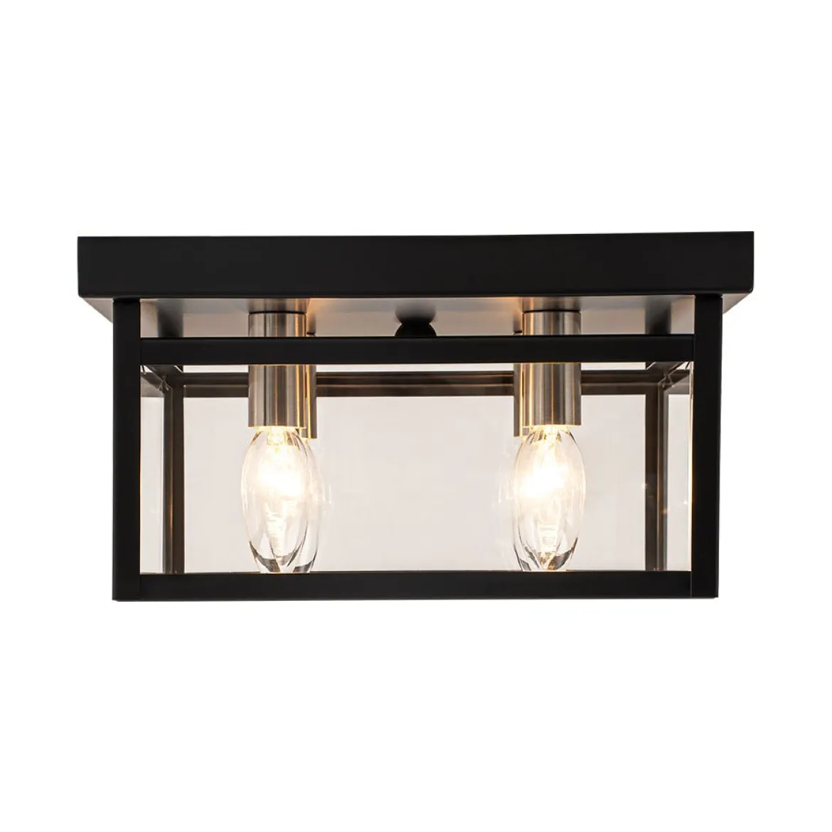 4-Light Clear Glass Black Square Cage Flush Mount Ceiling Light