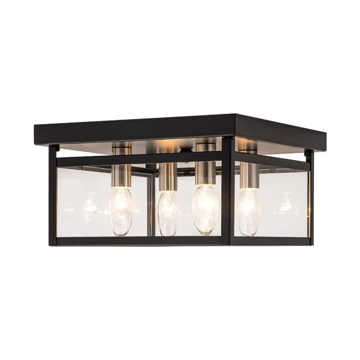 4-Light Clear Glass Black Square Cage Flush Mount Ceiling Light