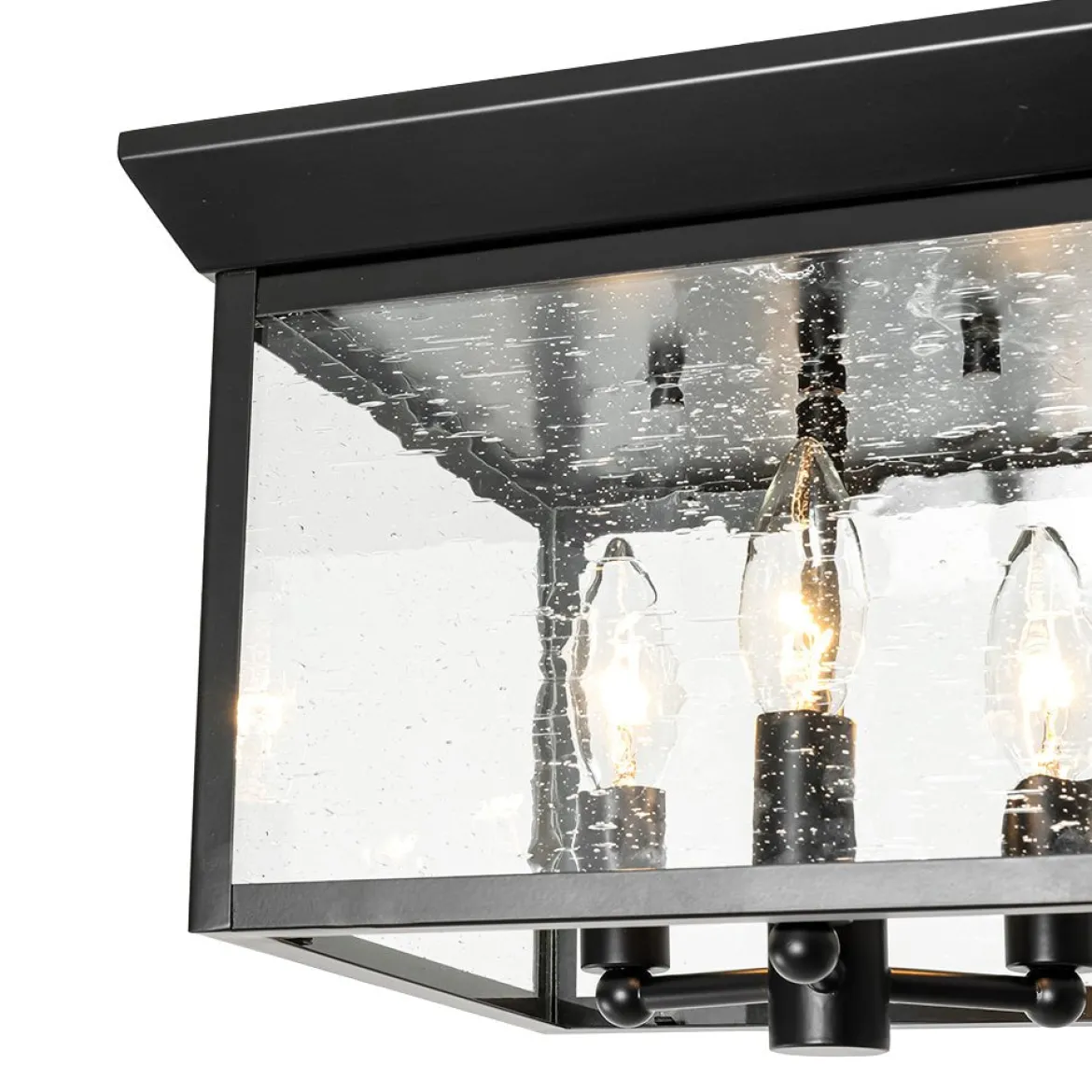 3-Light Clear Seeded Glass Black Square Cage Ceiling Light