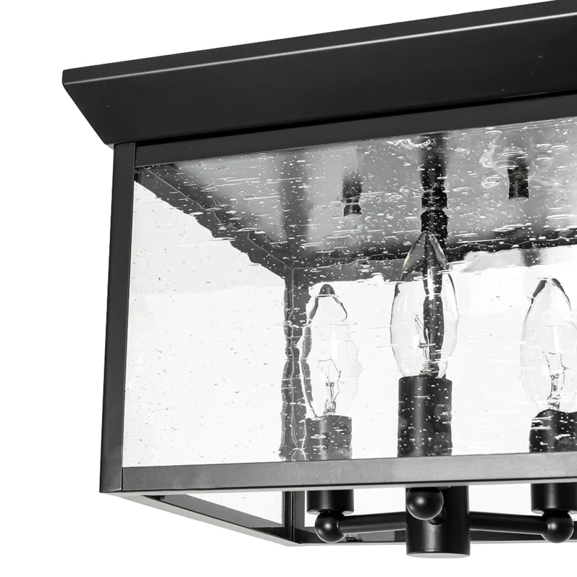 3-Light Clear Seeded Glass Black Square Cage Ceiling Light