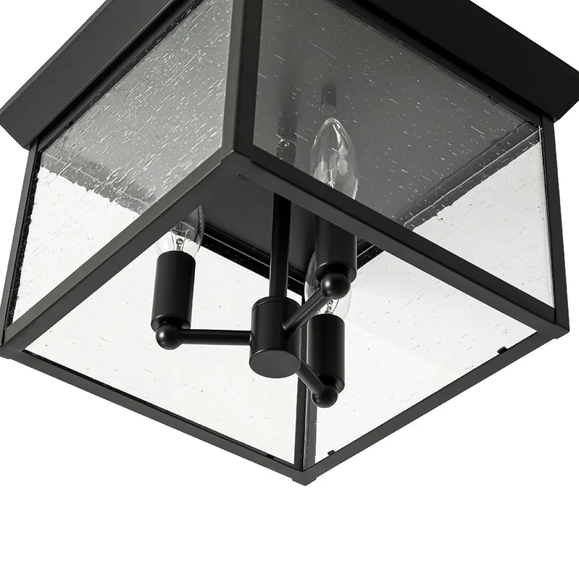 3-Light Clear Seeded Glass Black Square Cage Ceiling Light