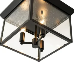 3-Light Clear Seeded Glass Black Square Cage Ceiling Light