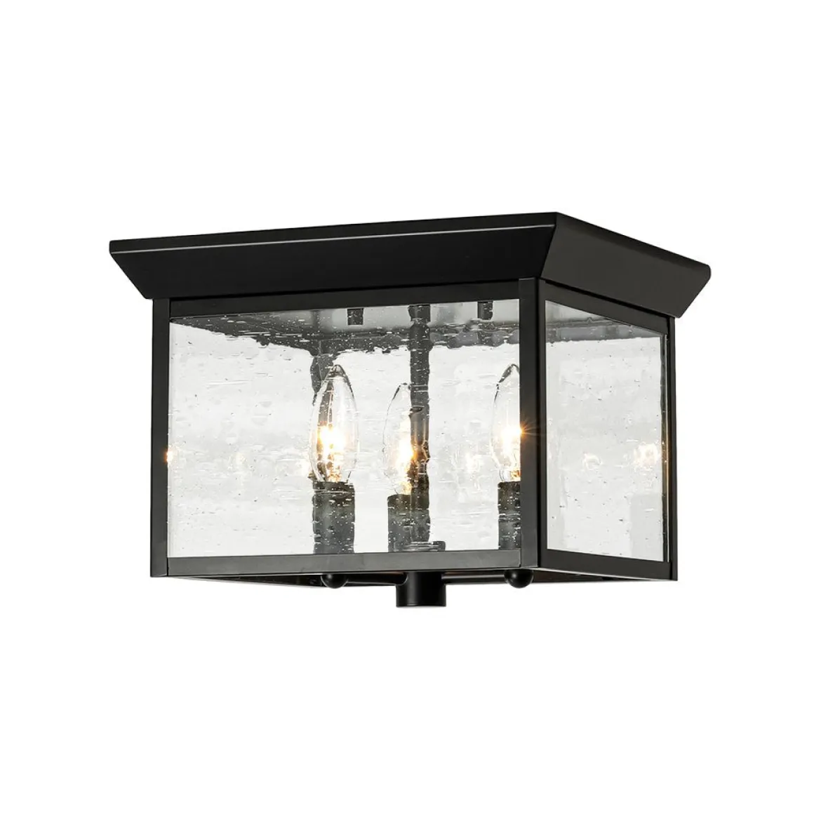 3-Light Clear Seeded Glass Black Square Cage Ceiling Light