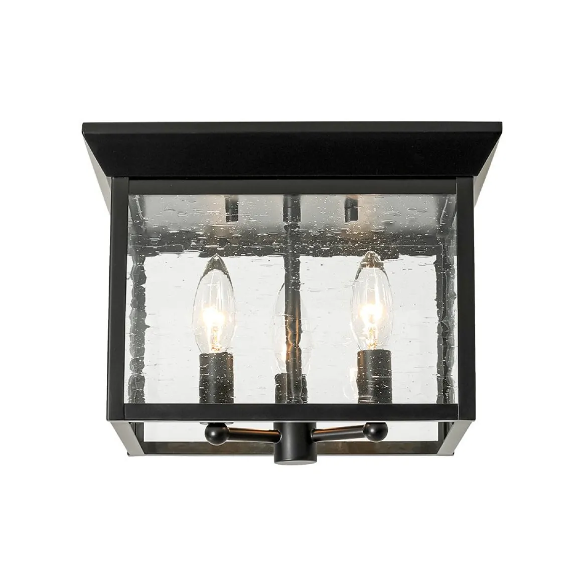 3-Light Clear Seeded Glass Black Square Cage Ceiling Light