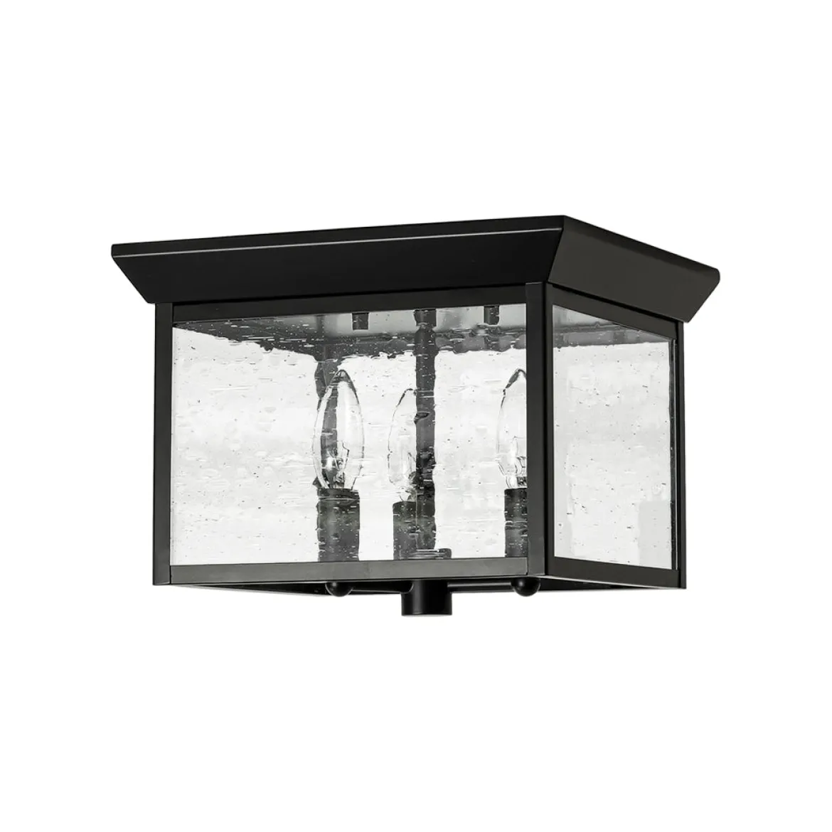 3-Light Clear Seeded Glass Black Square Cage Ceiling Light