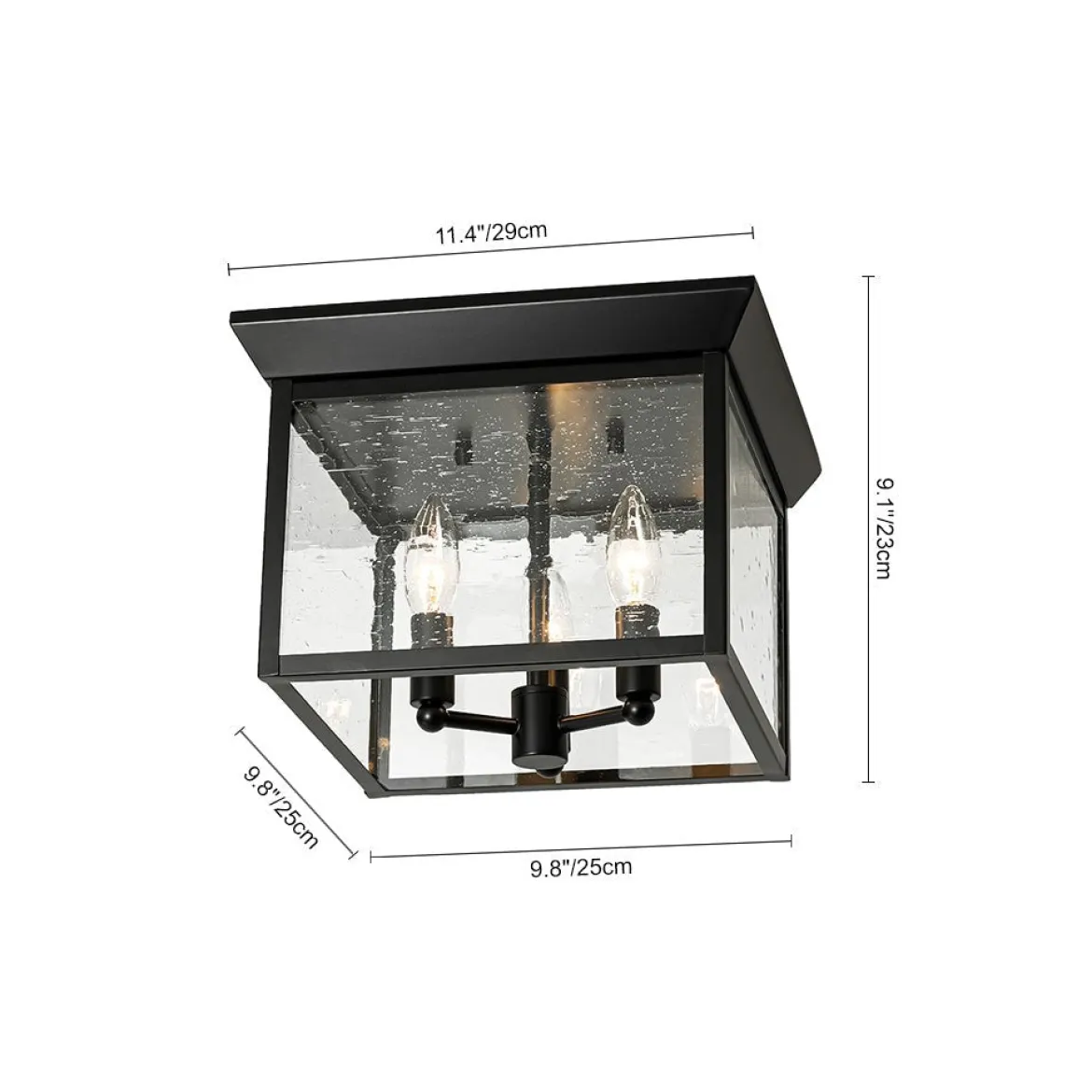 3-Light Clear Seeded Glass Black Square Cage Ceiling Light