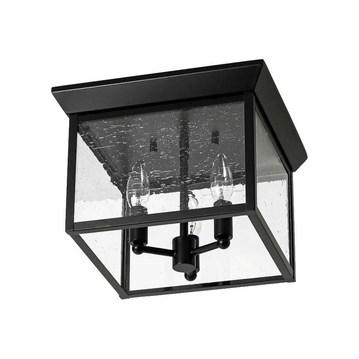 3-Light Clear Seeded Glass Black Square Cage Ceiling Light