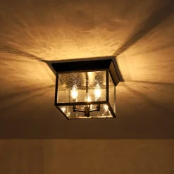 3-Light Clear Seeded Glass Black Square Cage Ceiling Light
