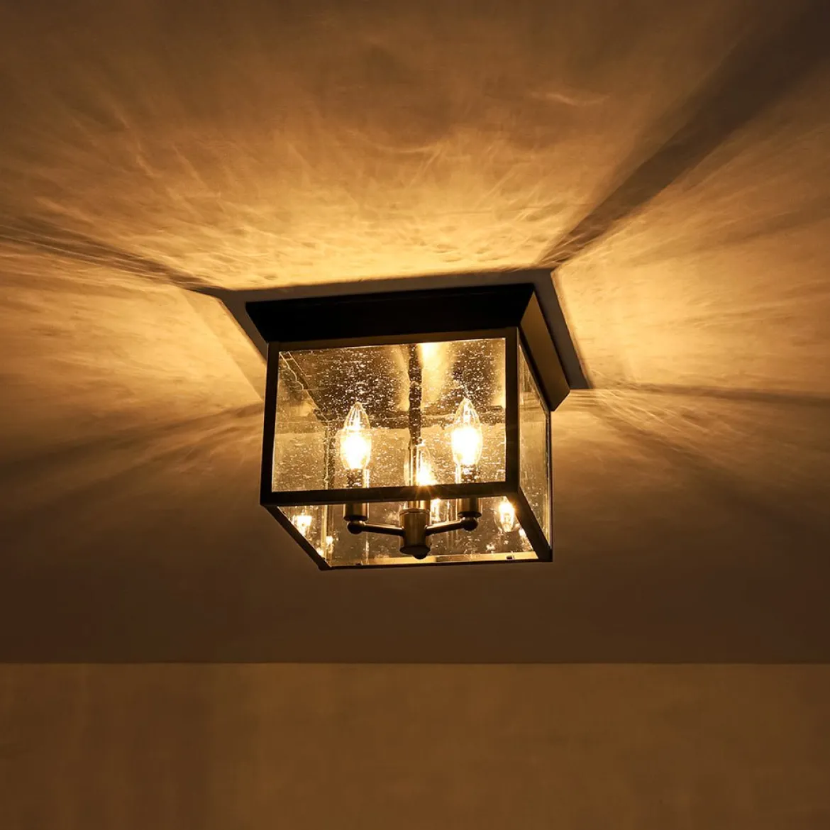 3-Light Clear Seeded Glass Black Square Cage Ceiling Light