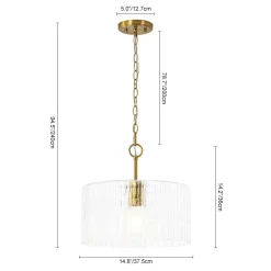 1-Light Clear Striped Glass Drum Semi Flush / Round Cage Pendant