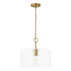 1-Light Clear Striped Glass Drum Semi Flush / Round Cage Pendant