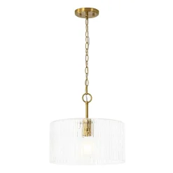 1-Light Clear Striped Glass Drum Semi Flush / Round Cage Pendant