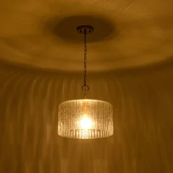 1-Light Clear Striped Glass Drum Semi Flush / Round Cage Pendant