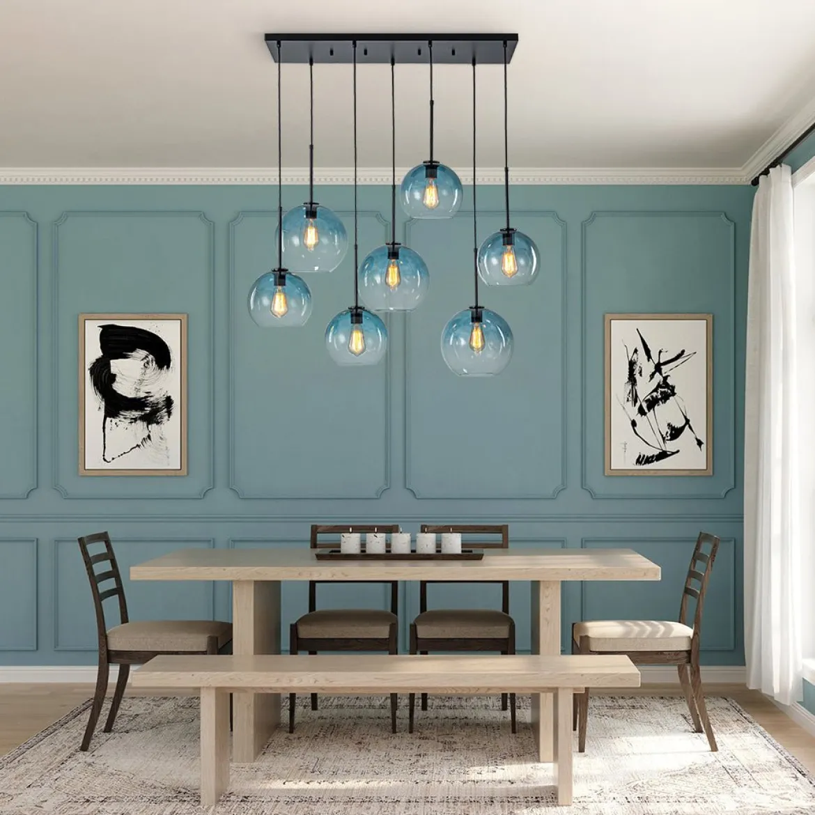7-Light Cluster Blue Glass Globe Bubble Island Pendant