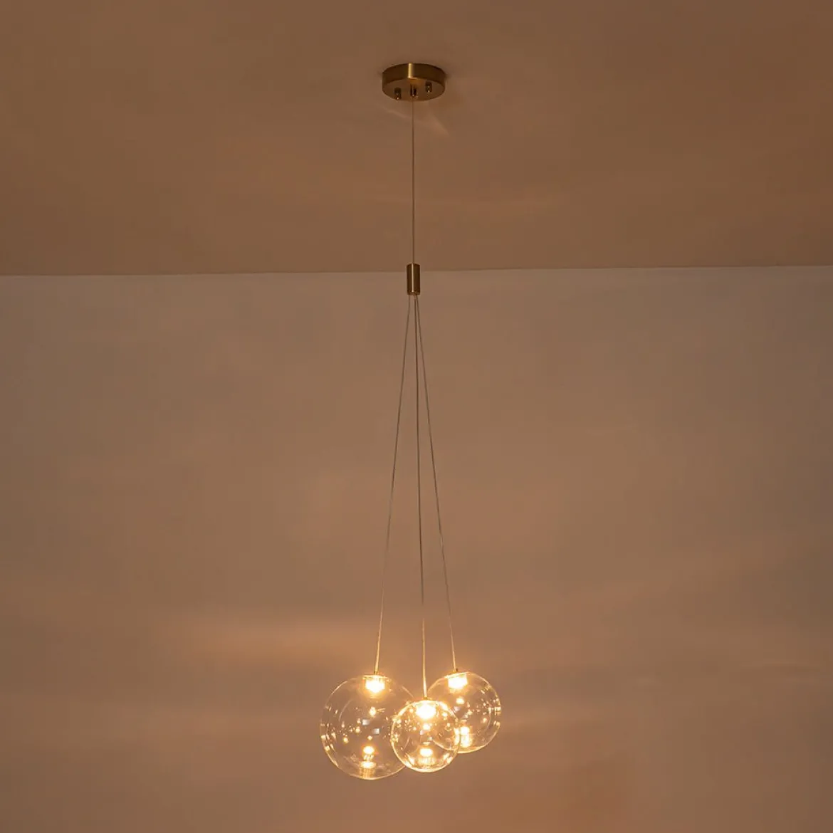 3-Light Cluster Gold Ruby Glass Globe Dimmable LED Pendant