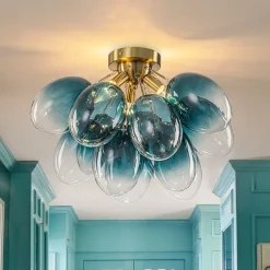 3-Light Cluster Gradient Blue Glass Bubble Semi Flush Mount