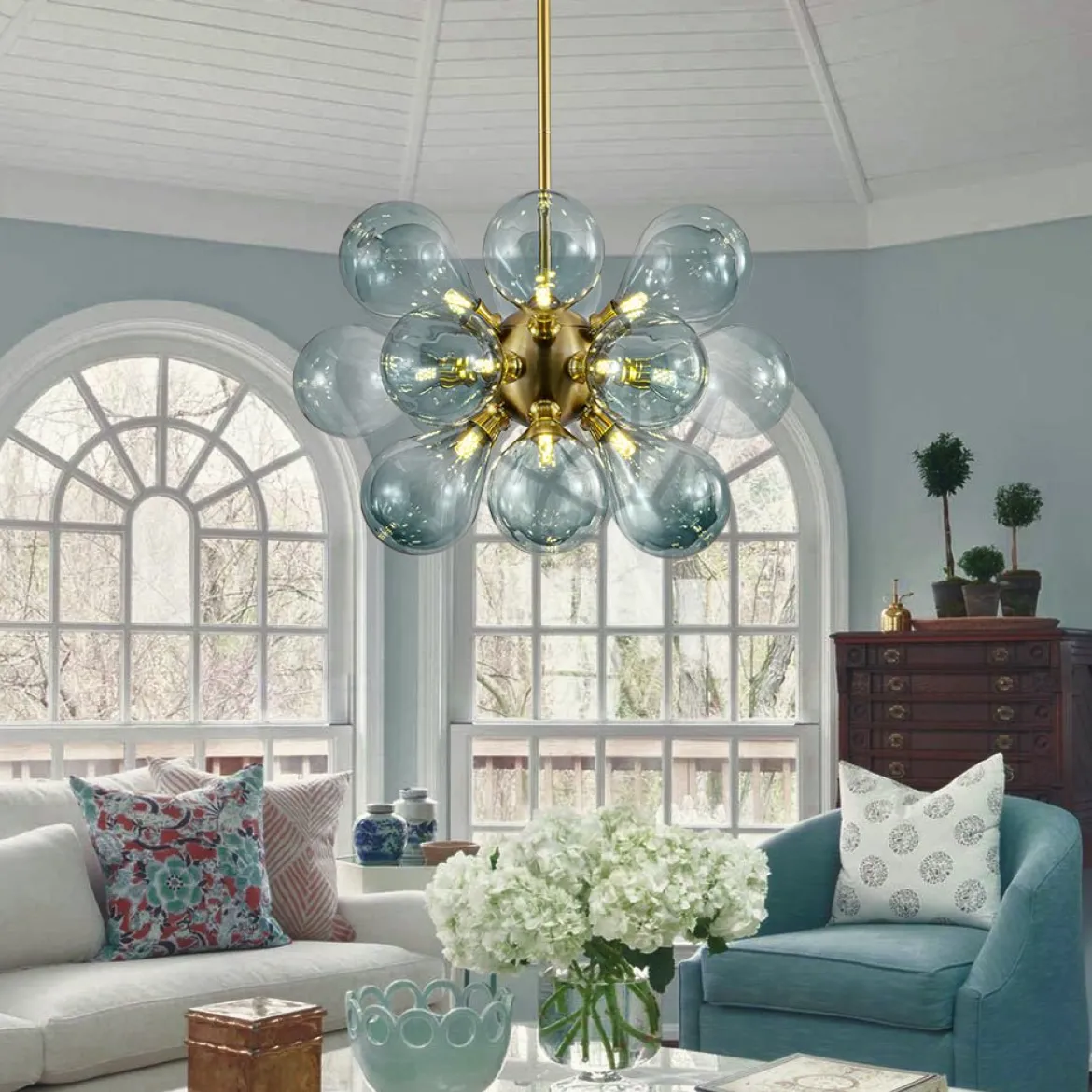 18-Light Cluster Gradual Blue Glass Globe Bubble Chandelier