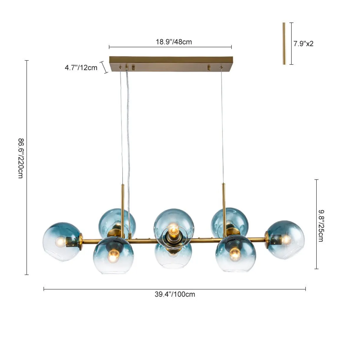 8-Light Color Tinted Glass Globe Bubble Linear Island Chandelier