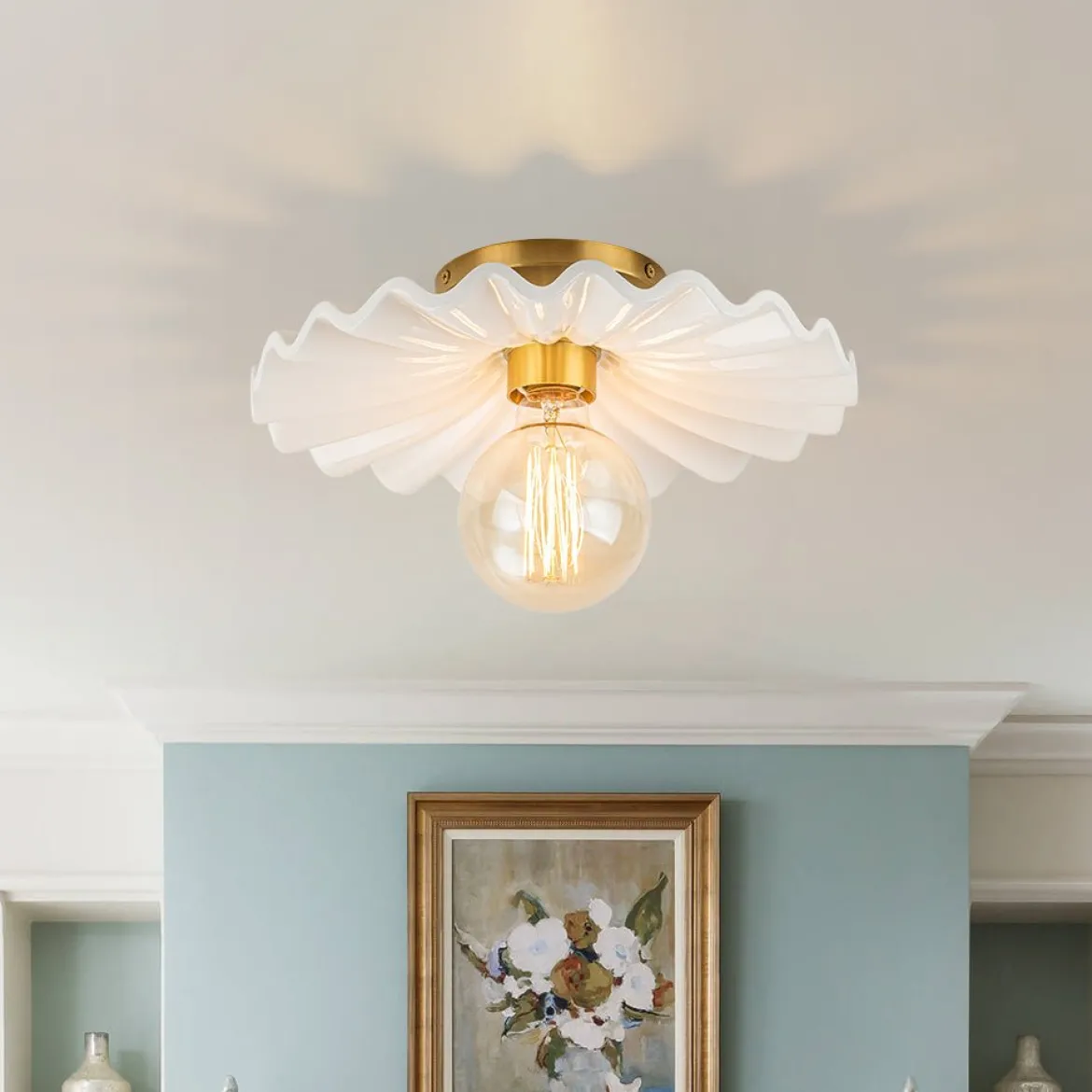 1-Light Creamy Ceramic Shade Semi Flush Mount