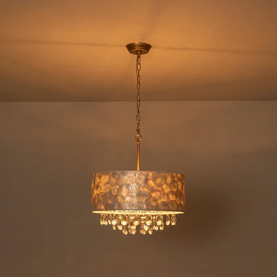 4-Light Crystal Accented Capiz Shell Drum Lantern Pendant