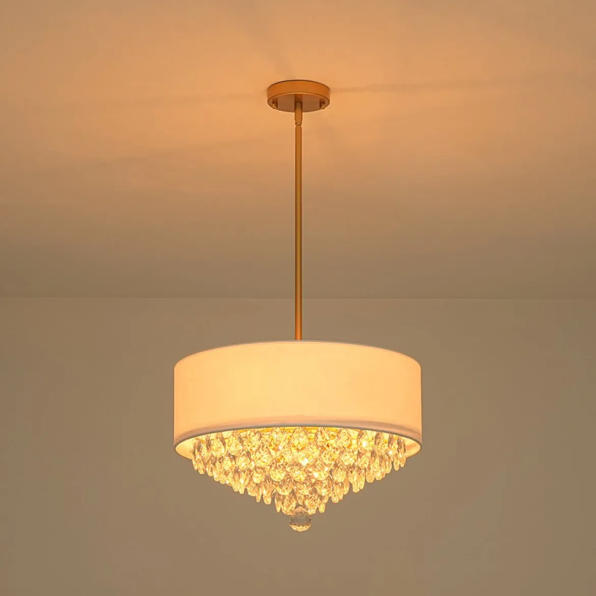 4-Light Crystal Accented White Fabric Drum Cage Chandelier