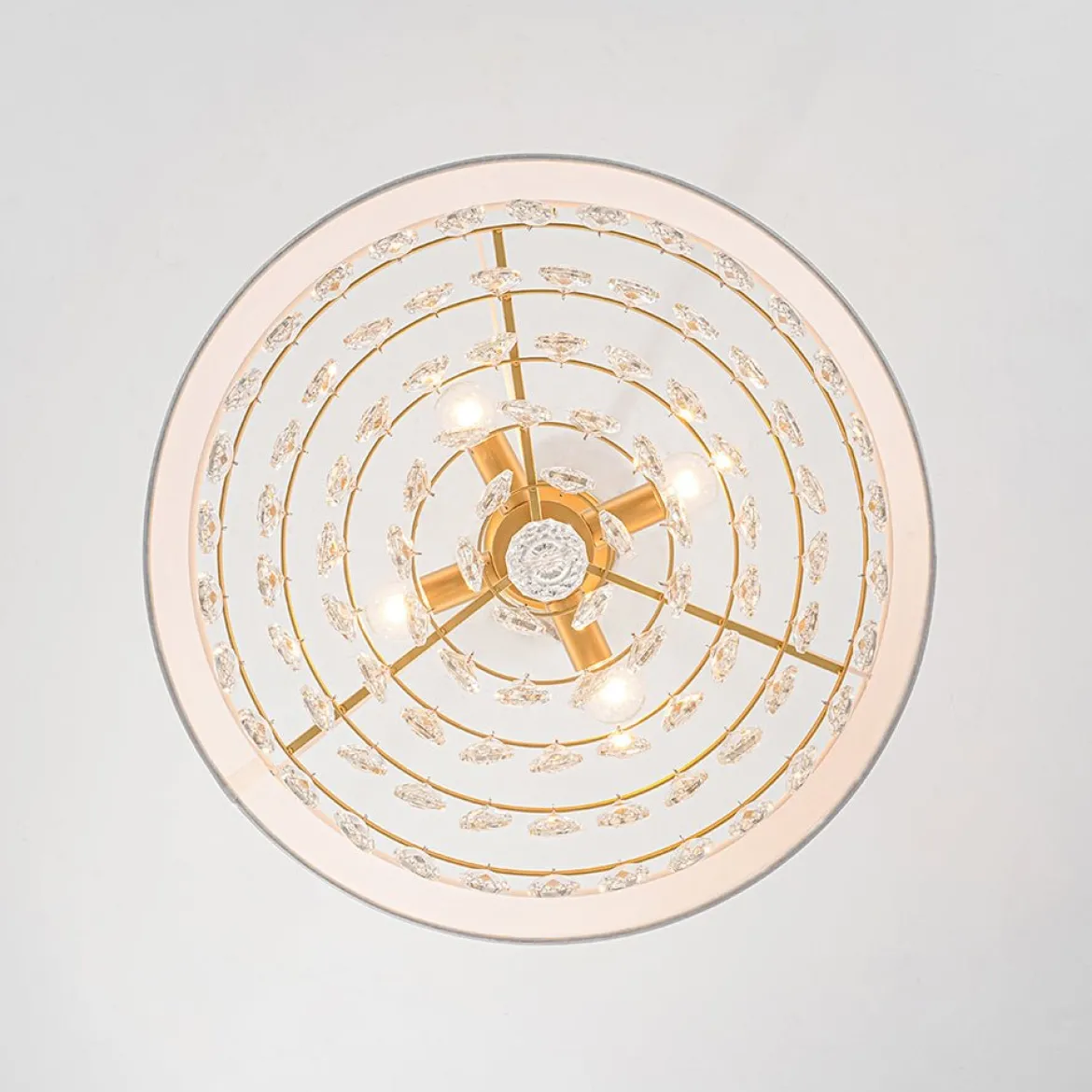 4-Light Crystal Accented White Fabric Drum Cage Chandelier