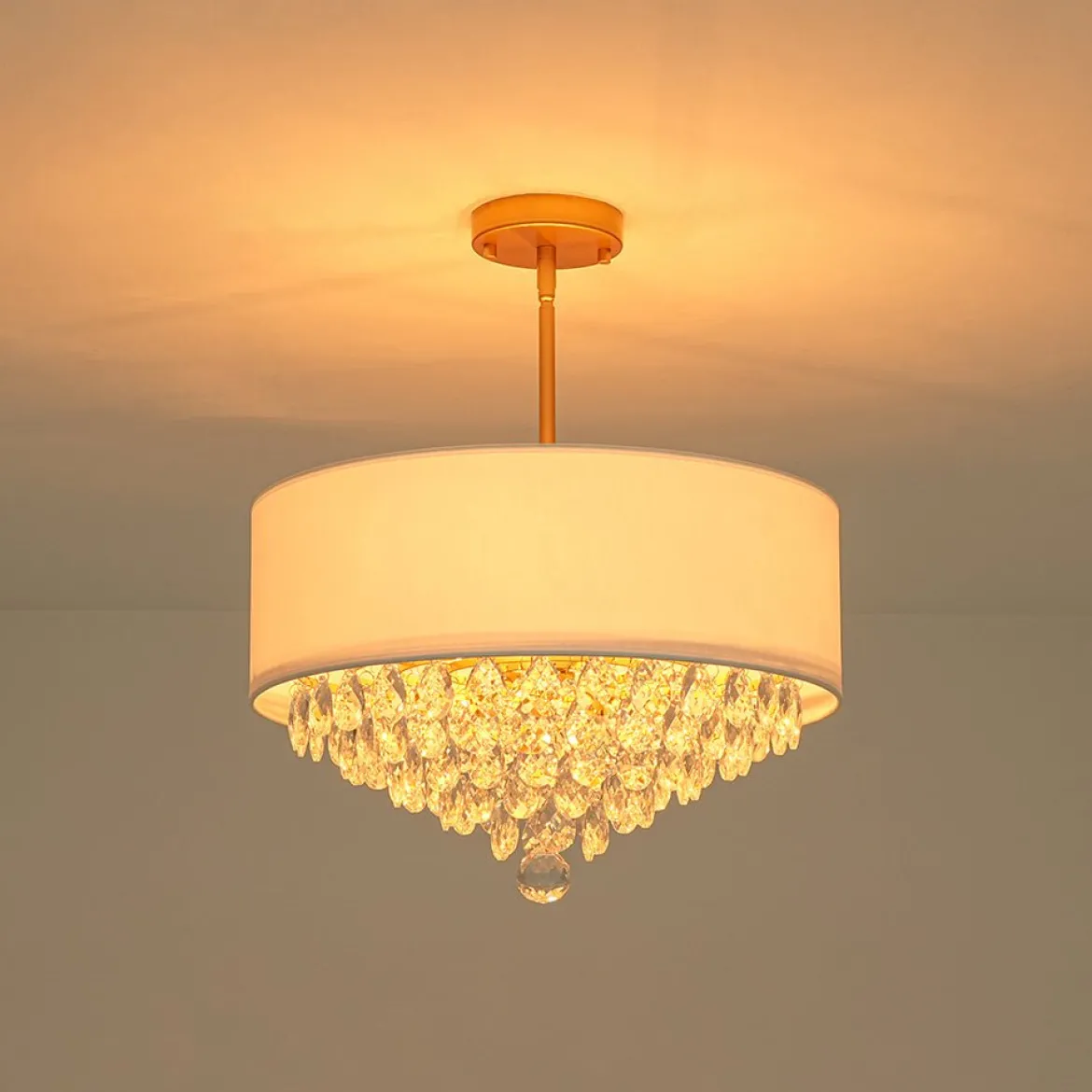 4-Light Crystal Accented White Fabric Drum Cage Chandelier