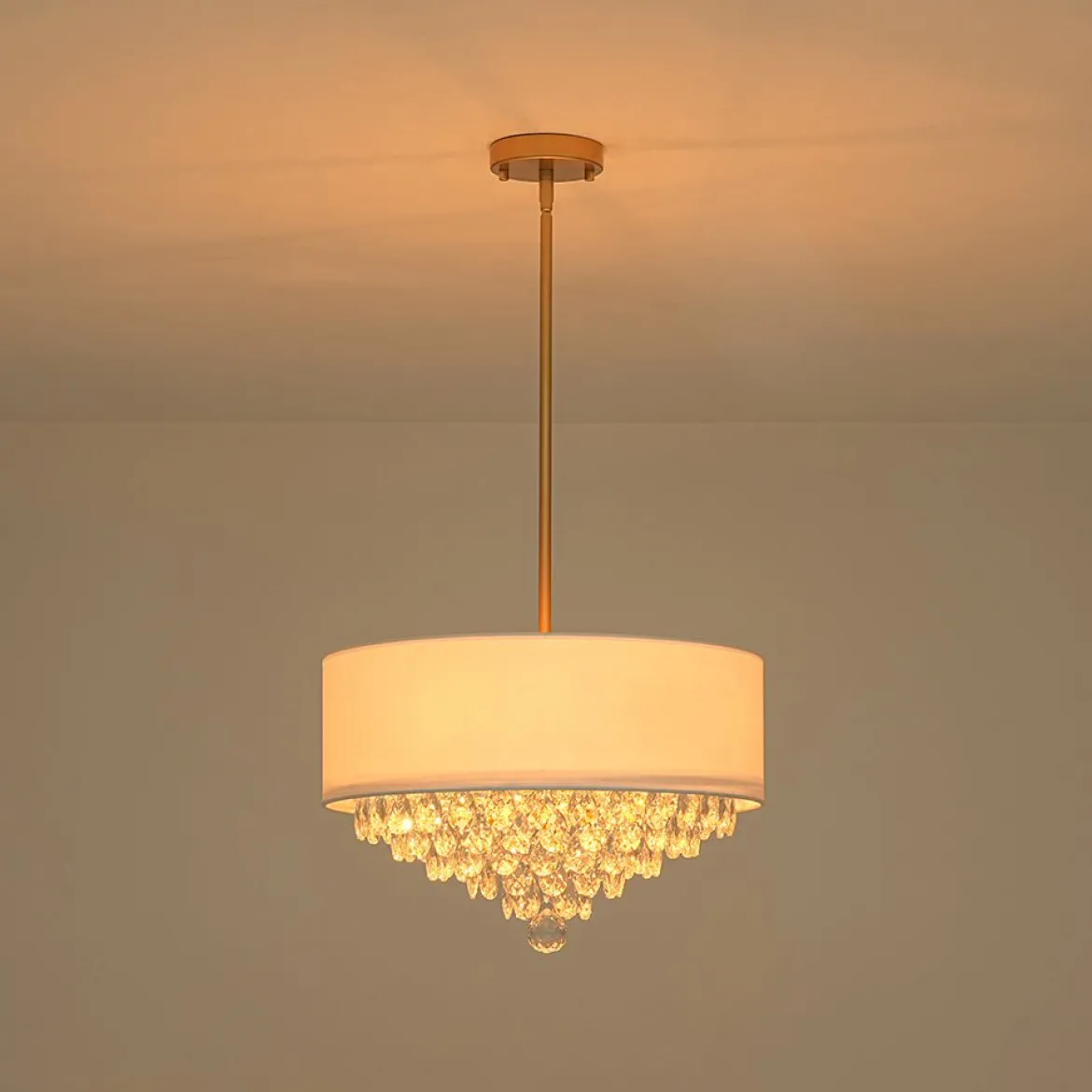 4-Light Crystal Accented White Fabric Drum Cage Chandelier