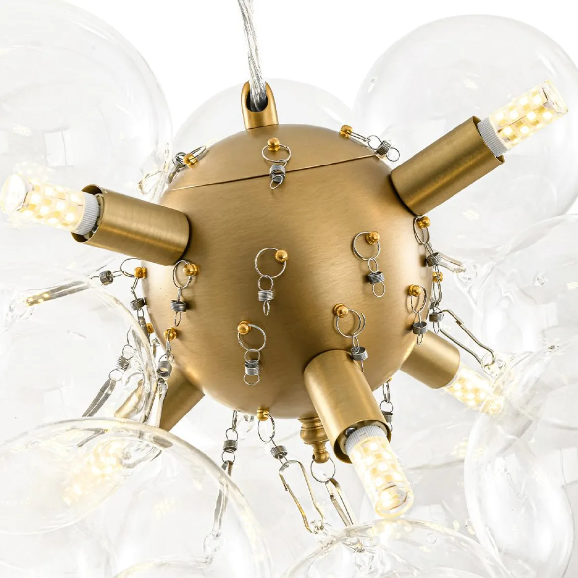 6-Light Dimmable Brass Cluster Clear Glass Bubble Sphere Chandelier