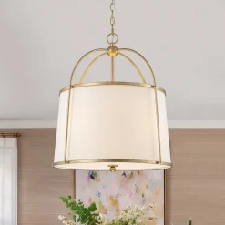4-Light Distressed Gold White Linen Drum Lantern Pendant