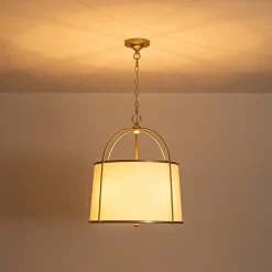 4-Light Distressed Gold White Linen Drum Lantern Pendant