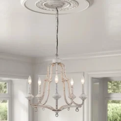 5-Light Distressed White Shabby Chic Candle Style Chandelier