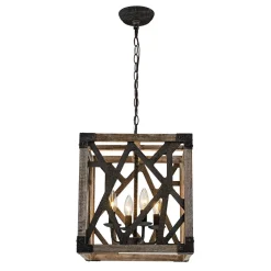 4-Light Distressed Wooden Square Cage Pendant Light